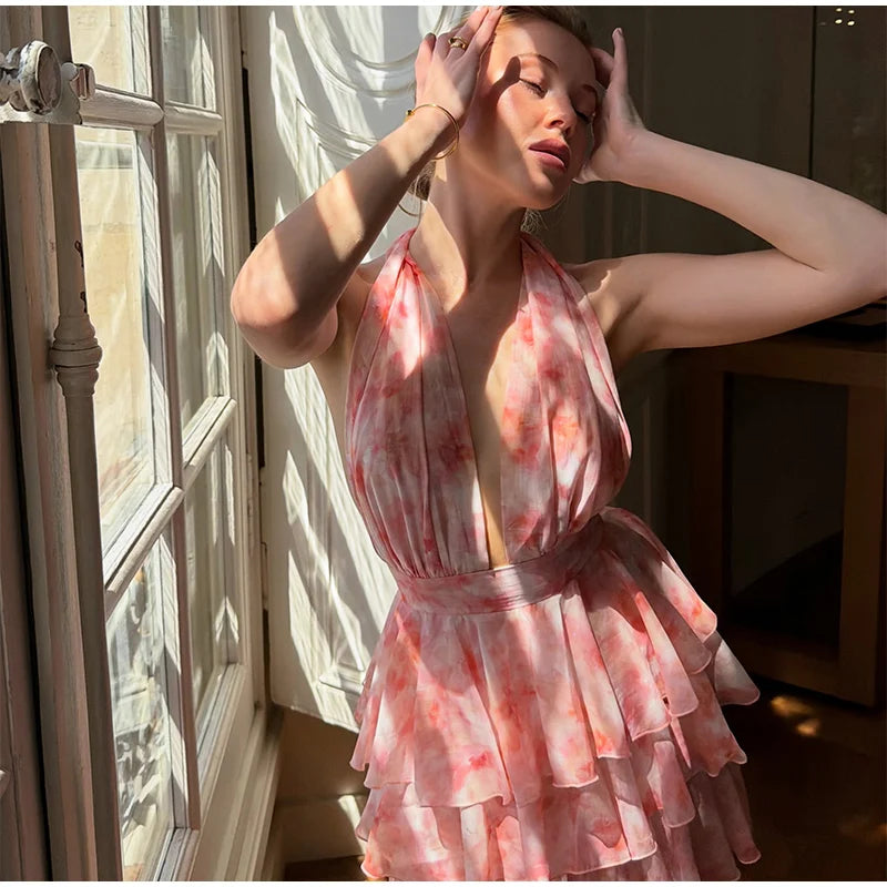 Floral Print Halter Neck Tiered Ruffle Dress Waist Cinched V Neck 2026 Summer Causal Women Vacation Irregular Layered Vestido
