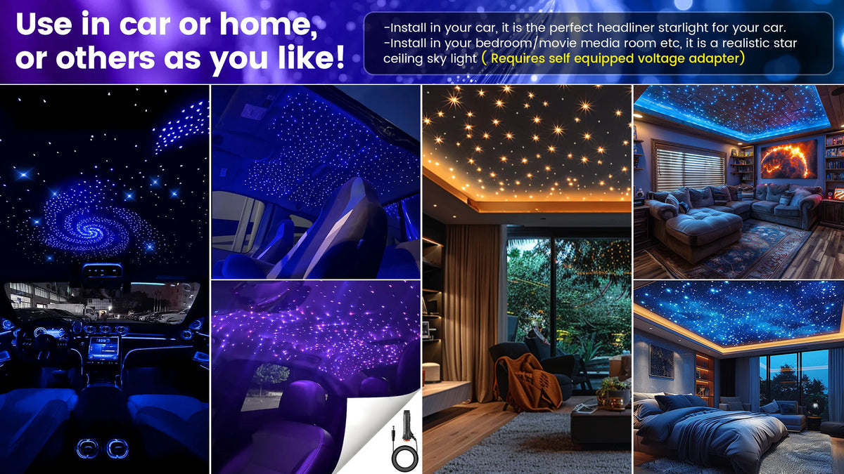 VASTFIRE Mini 16W 500/1000pcs Fiber Optic Starlight Headliner Kit for Car Home 6.5ft End Glow Fiber Strands Sound-Activated APP& Remote Control Starlight Engine