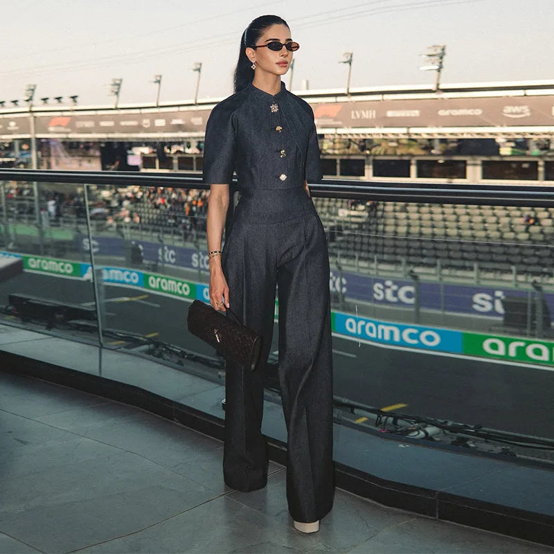 Street Denim Top Pants Women Set Short Sleeve Stand Collar Coats Wide Leg Trousers 2026 Summer Autumn 2 Pieces Set Women New