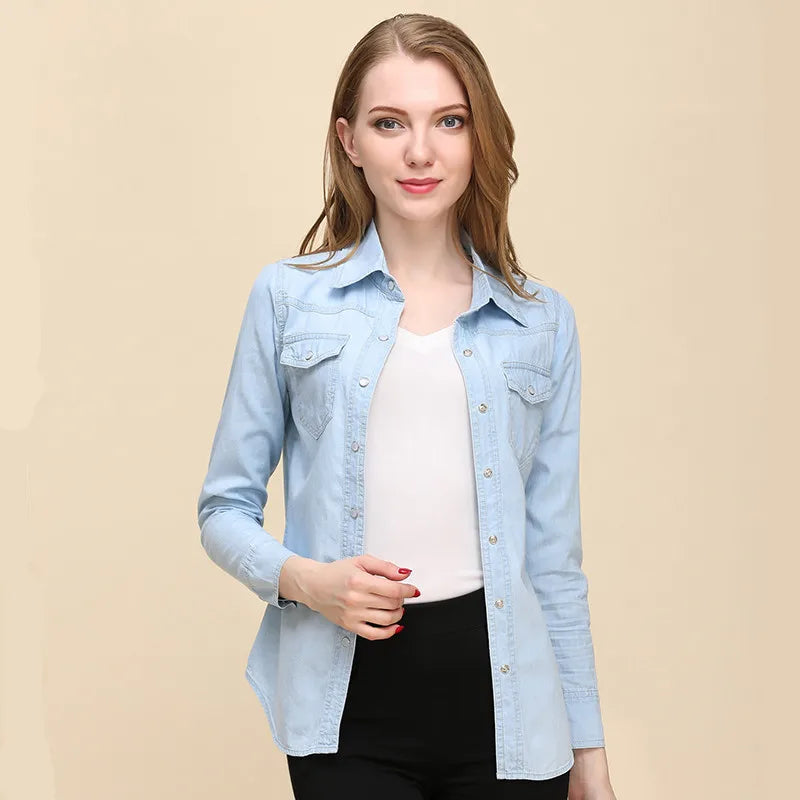 Spring 2026 New Denim Shirts And Blouse For Women Korean Style Long Sleeve Top Blue Or Sky Blue Color Jeans Elegant Blouses