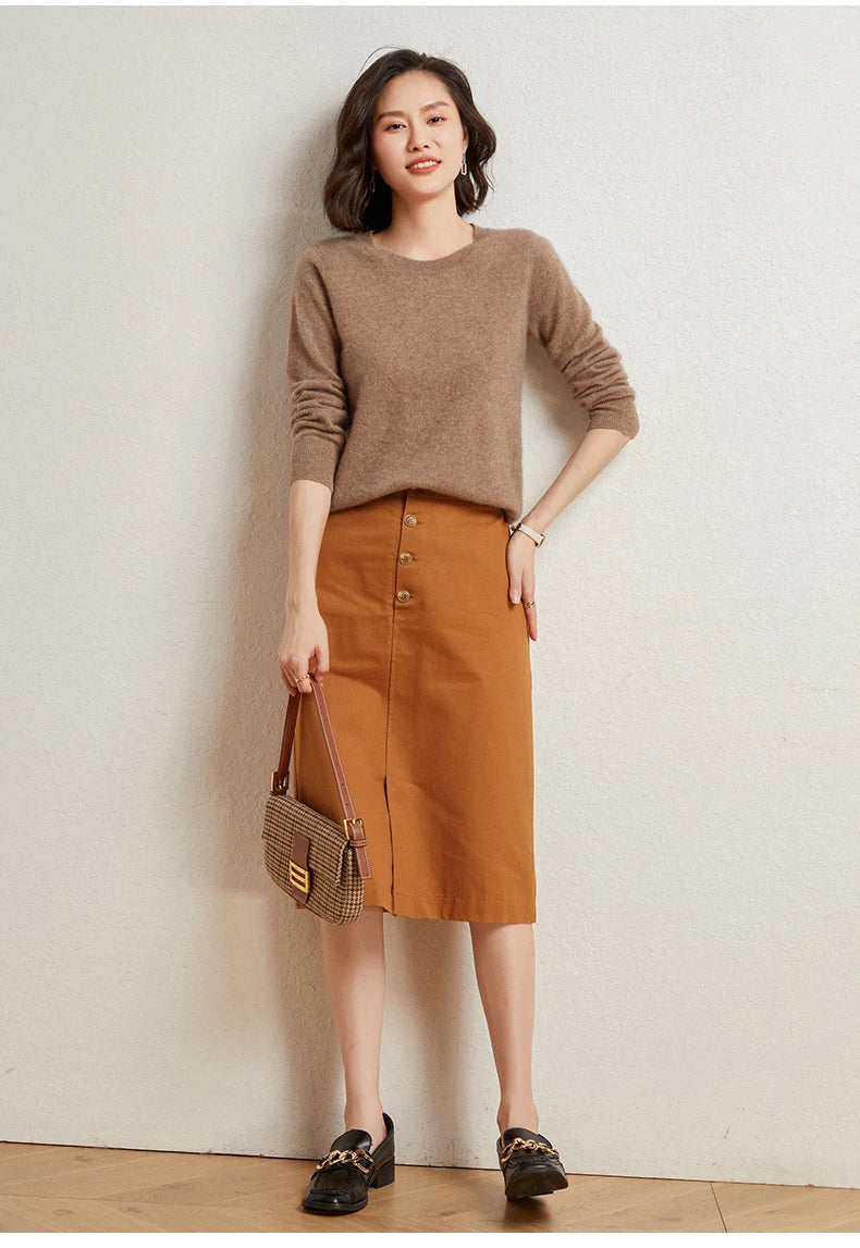 100%Merino Pure Wool Pullover Sweater For AutumnWinter Women's Round Neck Warm High-Quality Solid Color Basic Knitted Jumper Top