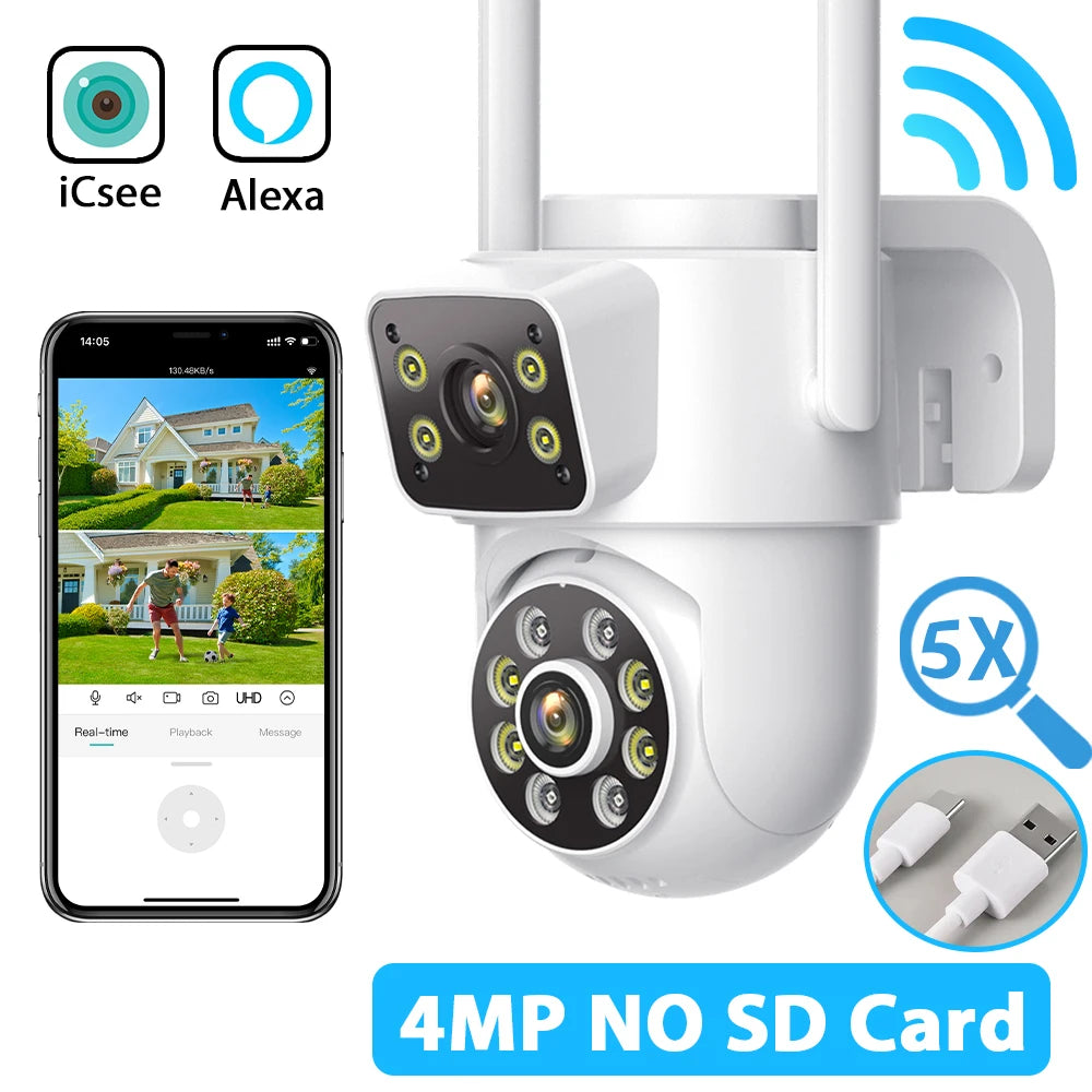 Dual Screen WiFi Security Camera 4K 8MP Dual Lens Surveillance Camera Human Detection Night Vision 5X Zoom Home Outdoor Security