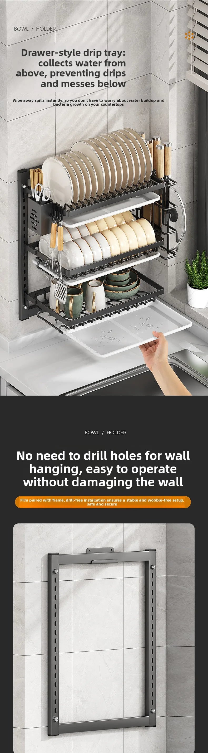 Wall Mounted Kitchen Organizer Rack - No-Drill Storage Shelf for Bowls, Plates, Spices with Dish Drying Function