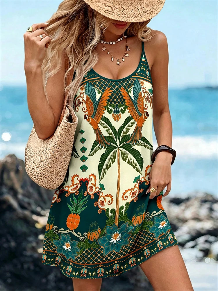 Women's Summer Vacation Tropical Floral Print Round-Neck Spaghetti-Strap Dress Stylish Spaghetti-Strap Dress with Pockets
