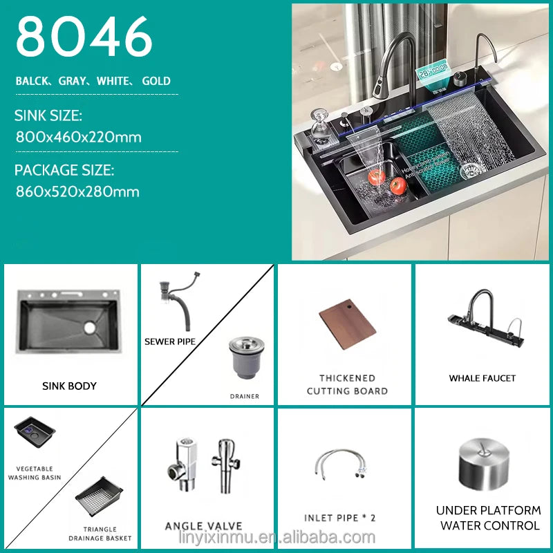 LED Factory 304 Stainless Steel Anti-Scratch Kitchen Sink Multifunction LED Digital Display Pull-Out Faucet Single Bowl Design