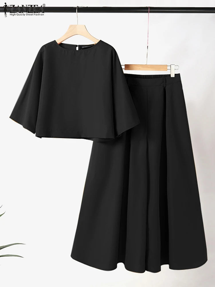 ZANZEA Women Causal 2PCS Pant Sets Loose 3/4 Sleeve Tops Wide Leg Pants 2-Pieces Outfits Solid Color Fashion Commute Tracksuits