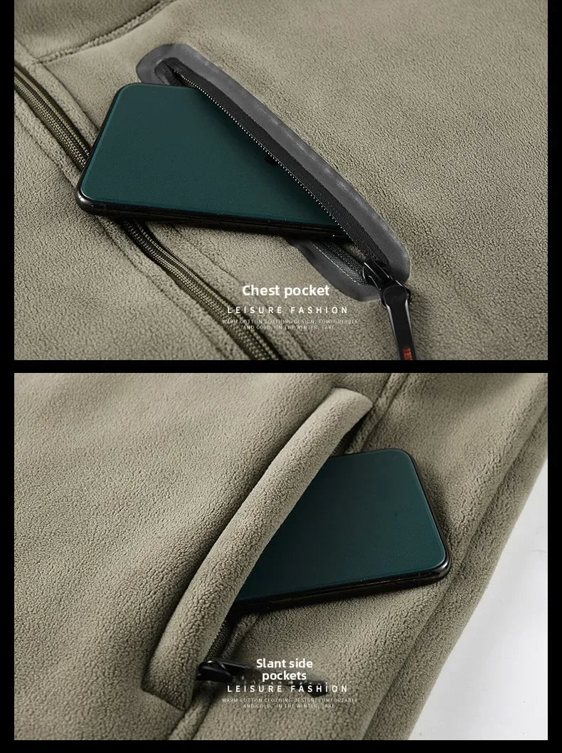Winter Thickened Windproof Stand Collar Zipper Jacket for Men Casual Outdoor Fleece-Lined Coat Embroidered Men's Warm Jackets
