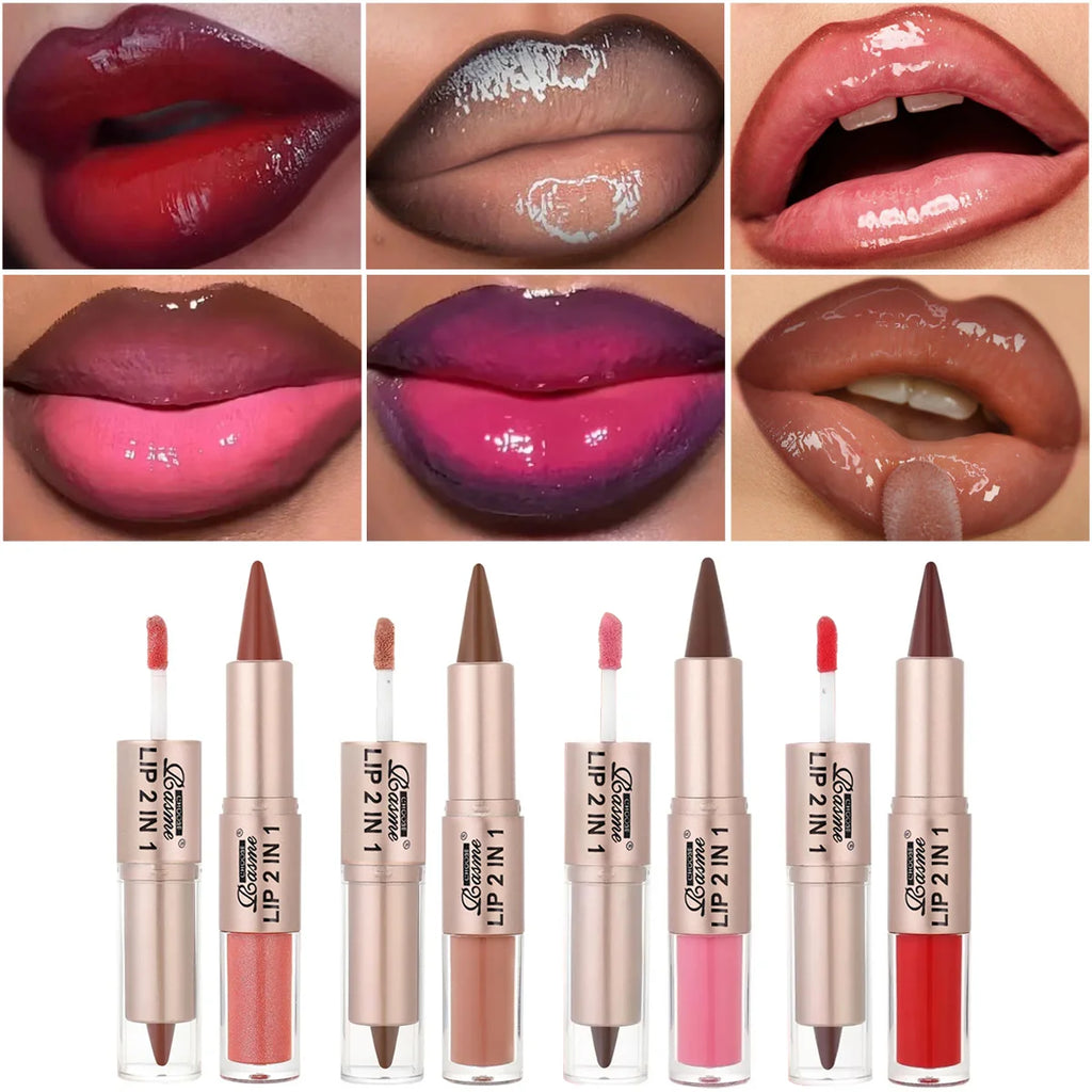 2 in 1 Dual End Matte Lip Liner Pencil & Shiny Mirror Lip Gloss Waterproof Long Lasting Lip Cosmetics for Smooth Application