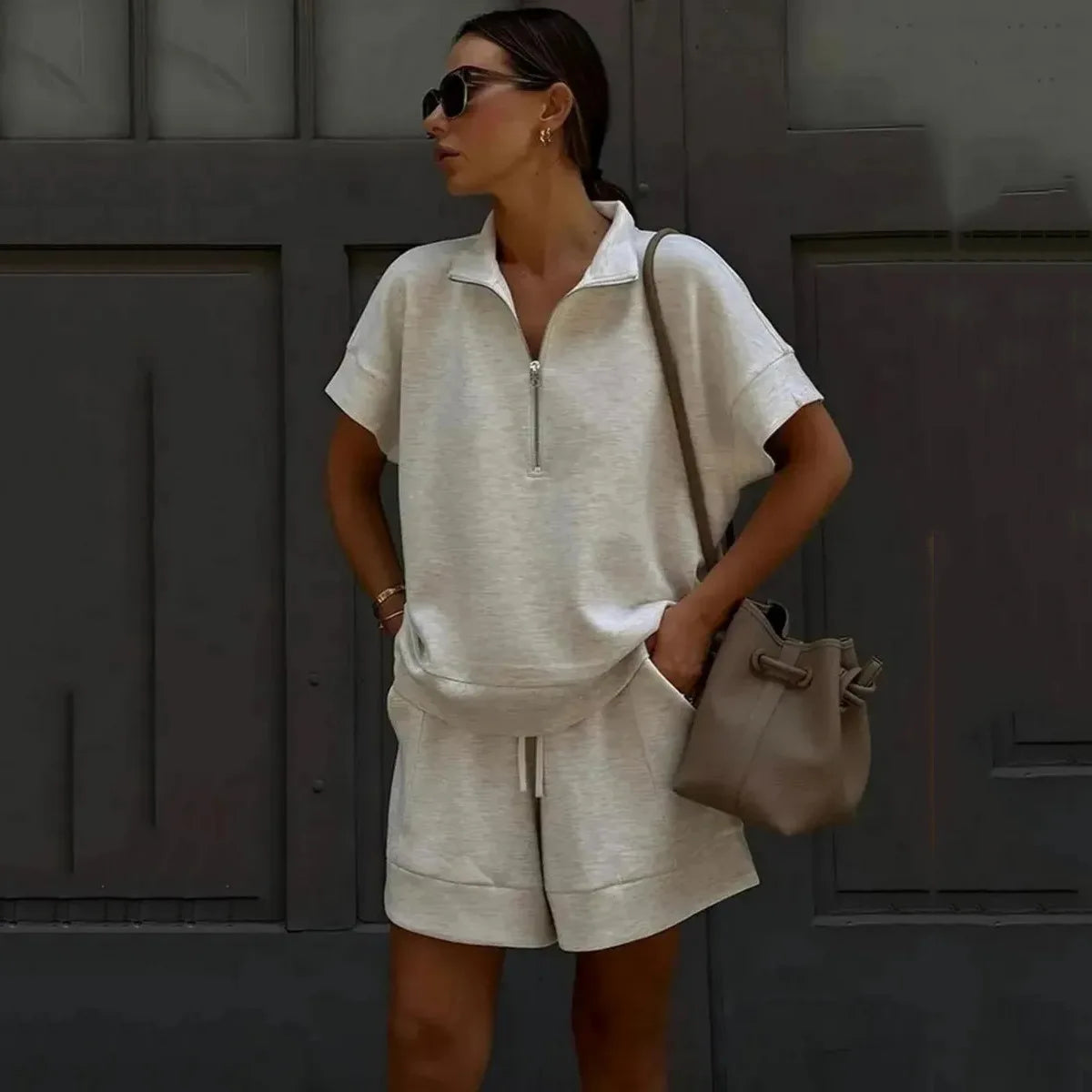 2026 Summer New Long-sleeved Shorts Sweater Set Solid Color Fashion Casual Short 2-piece Set