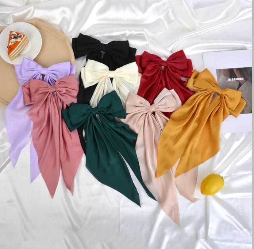 8 Ladies Satin Large White pink Red Blue Black Ribbon bow Oversized bow Long tail hair clip spring clip ponytail Hair accessorie