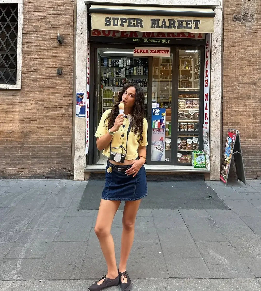 Casual Yellow Lapel Knitted Sweater Women Chic Short Sleeve Single Breasted Warm Pullover Lady Autumn Commute Street Outwear New