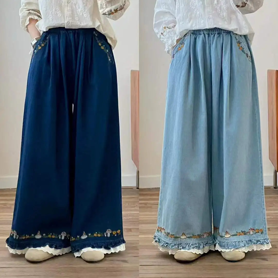 New 2025 Fall Cotton Denim Trousers, Women Elastic Waist Embroidery Ruffles, Mori Girl French Retro Chic Wide Leg Jeans B59422CC