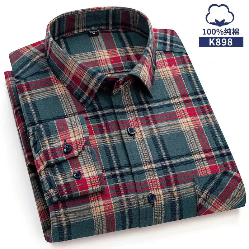 Pure Cotton Men's Plaid Shirt Long Sleeve Regular Fit Men Casual Oversized Shirt Leisure Autumn Spring Male Blouse New Plus Size