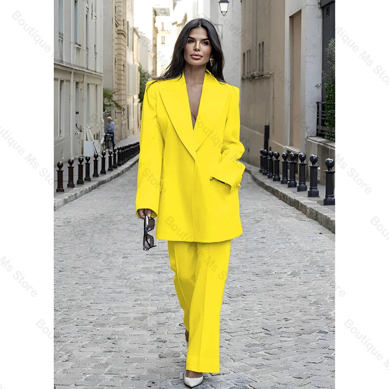 Chic Loose White Single Breasted Women Pants Set New Female Two Pieces(Blazer+Trousers) conjuntos femininos elegantes