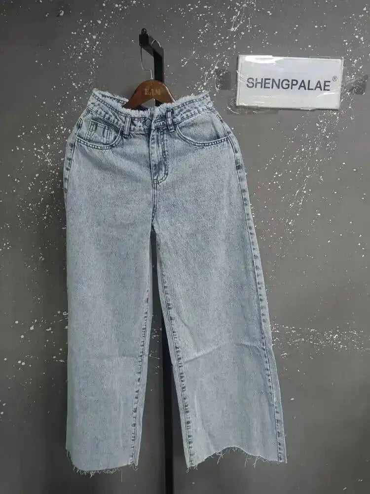 SHENGPALAE American Style Loose Hanging Feeling Wide Leg Floor Dragging Fringed Jeans For Women 2026 Autumn New