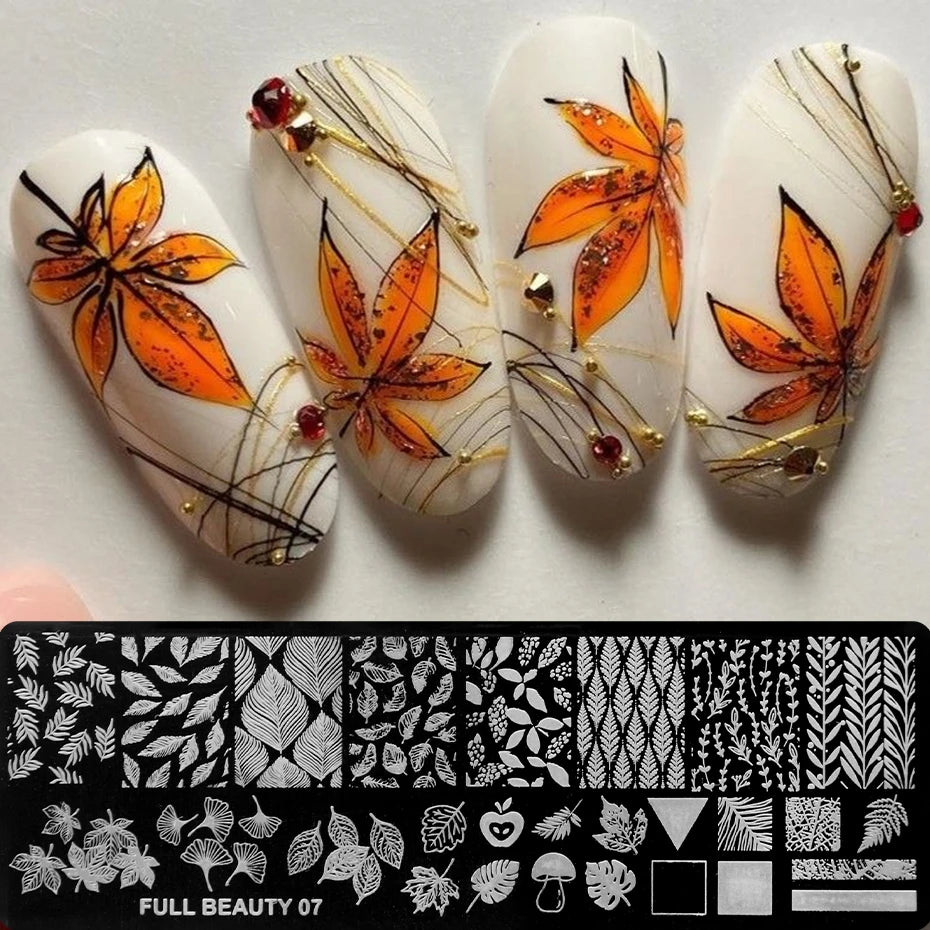 1 pcs Maple Leaves Nail Art Stamping Plate Autumn Ginkgo Leaves Palm Leaves Nail Templates Deep Fall DIY Nail Decals Molds Tools