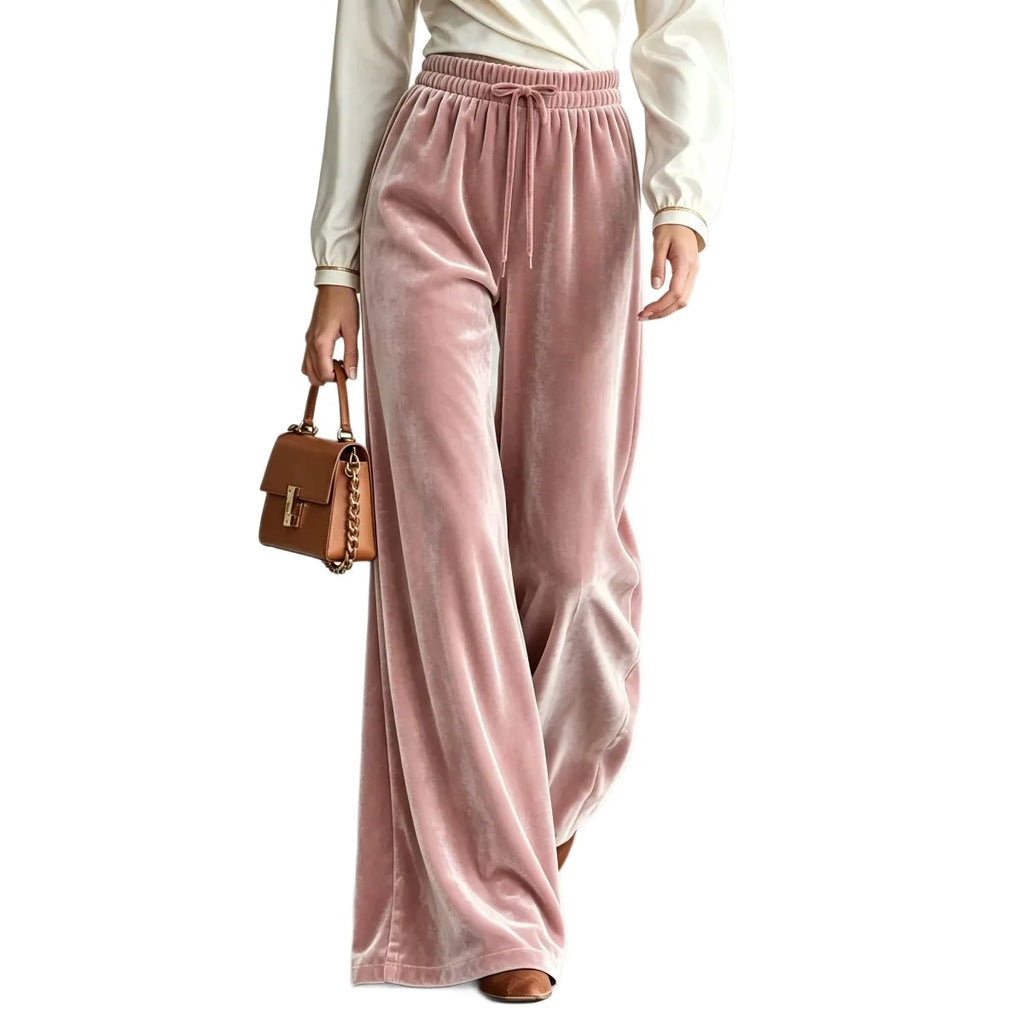 New Winter Women's Velvet Wide-leg Pants Drawstring High-waisted Pants Trousers
