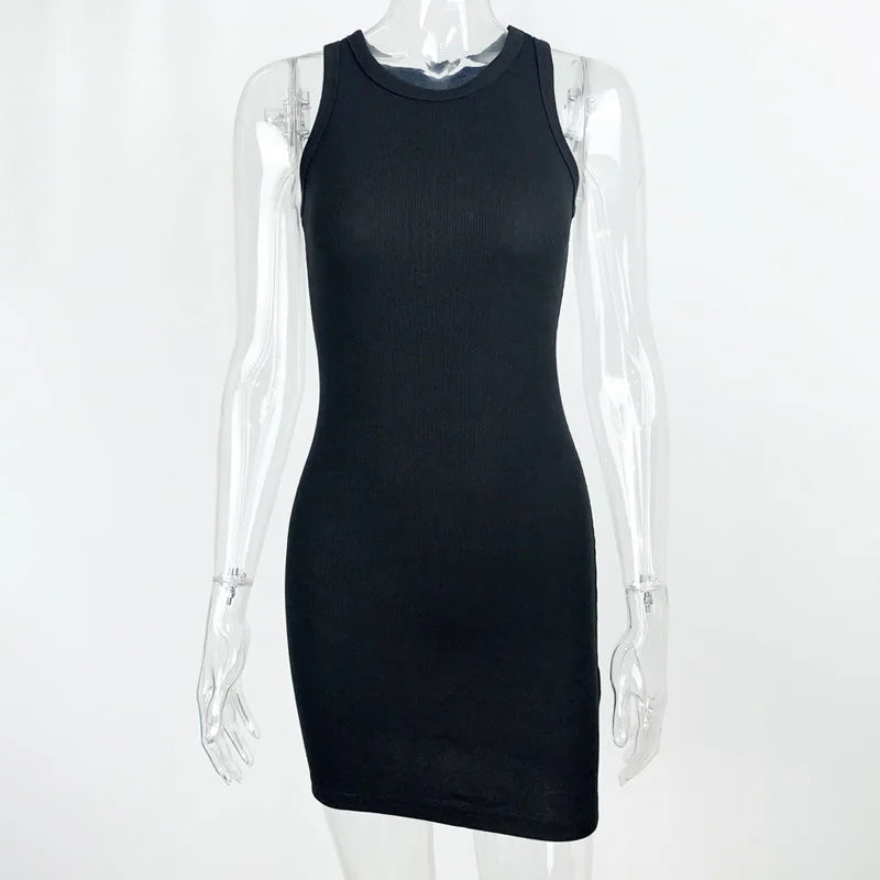 Women's Black Ribbed Bodycon Mini Dress Sexy Sleeveless Vest Club Party Tight Fitting Solid Color Summer Dress