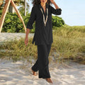 Summer Women's Sexy V-neck National Style Retro Long-sleeved Trousers Suit Casual Loose Cotton Linen Suit Solid Color