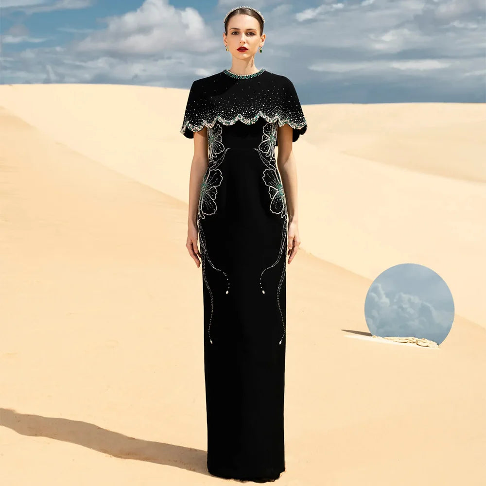 Luxury Evening Dress Customized Round Neck Sleeveless Beading Stone Engagement Dresses Wedding Party Gown with Cape
