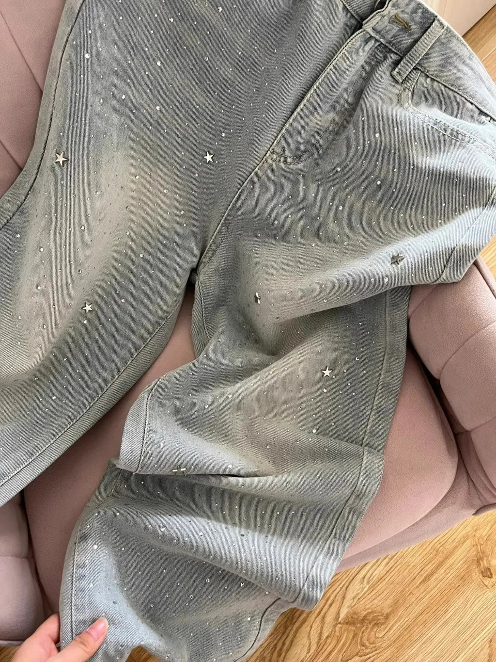 Four Seasons New Fashion Women's Light Blue Wide Leg High Waist Loose Casual Trendy Jeans Female Diamond Studded Denim Trousers