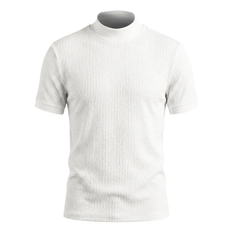 Men Summer Solid Jacquard Textured Mock Neck Short Sleeve T Shirt Slim Fit Simple Versatile Casual Daily Male Basic Tees