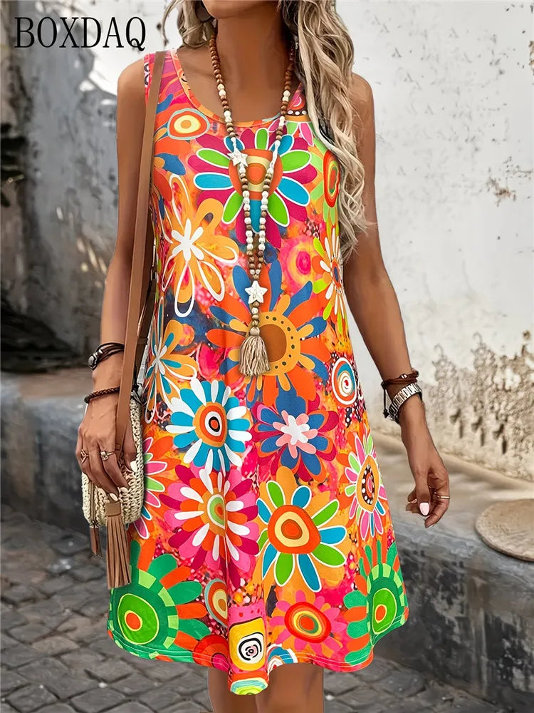 Women's Summer Dress Casual Sleeveless Round Neck Floral Print Loose Dress