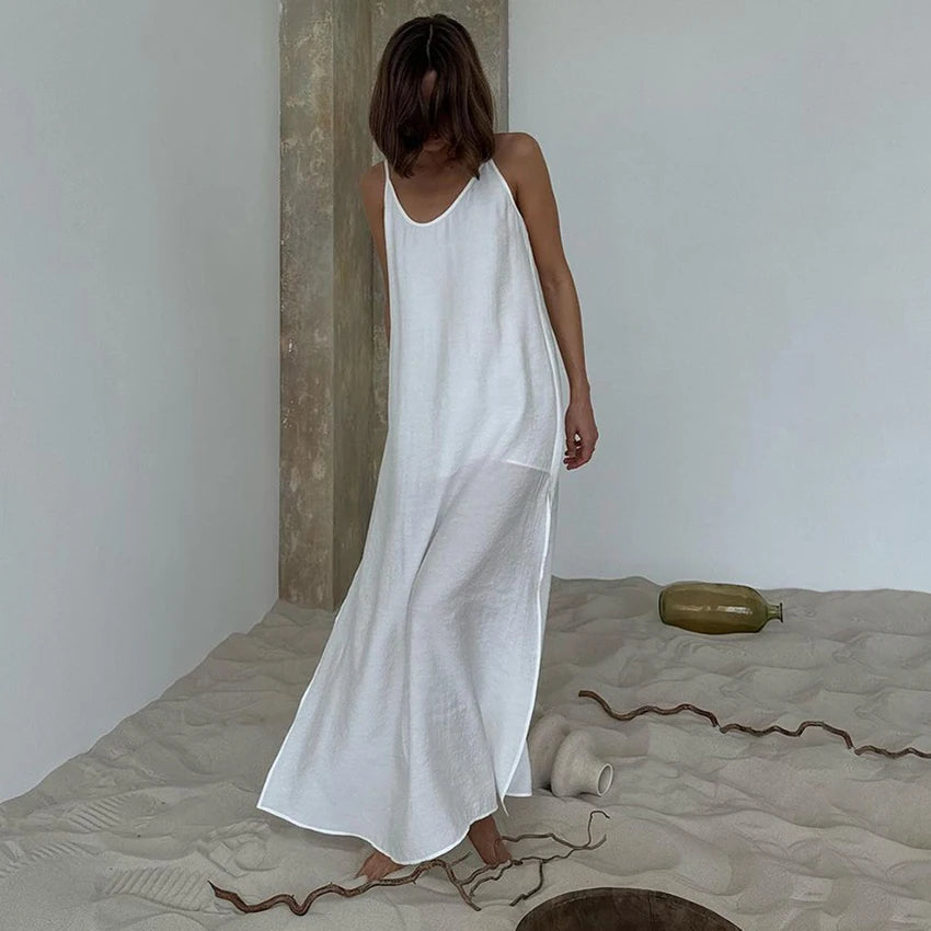 Linad Summer Casual White Long Dress Sexy Loose Backless Split Dresses Woman Street Chic V Neck Straight Dress For Women 2025