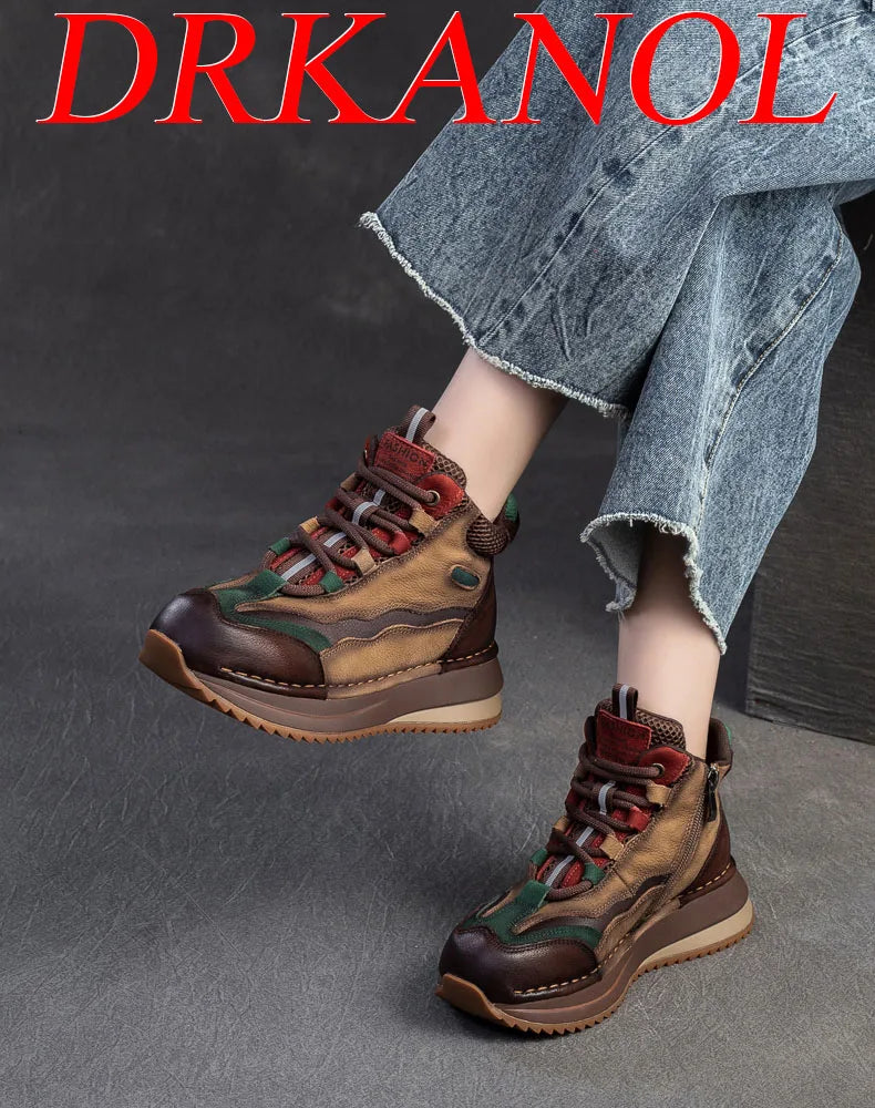 DRKANOL 2026 Women Boots Autumn Winter Mixed Colors Genuine Cow Leather Warm Ankle Boots Ladies High Top Casual Sneakers Shoes