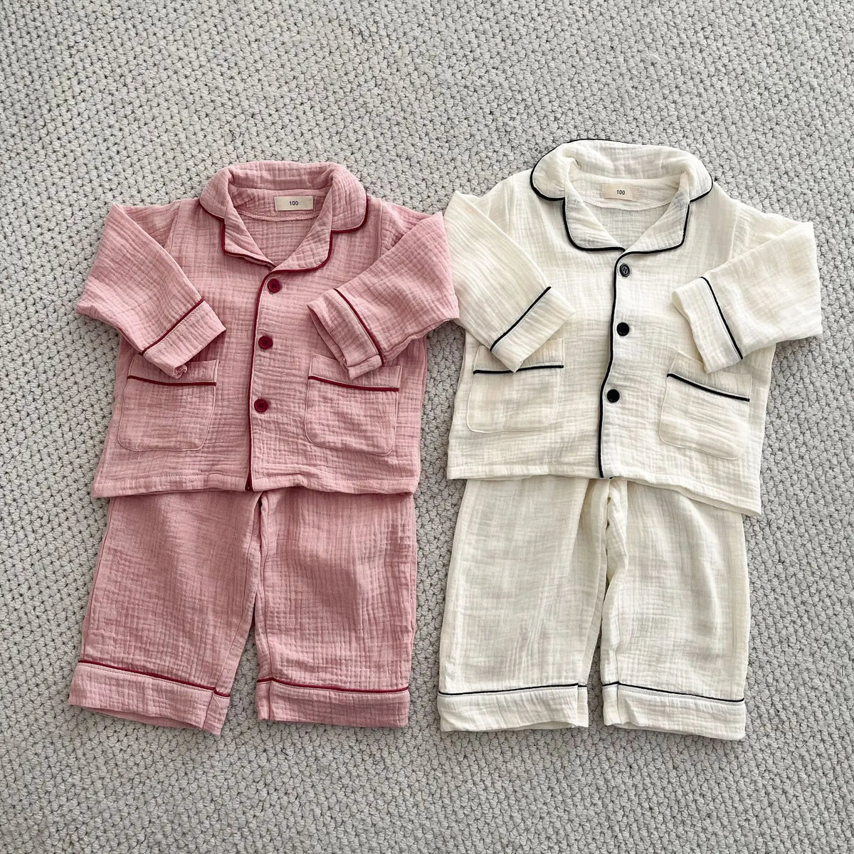 2026 New Children's Cotton Pajamas Set Soft Loose Boys Girls Clothing Turn-down Collar Button Shirt Trousers 2 Pcs Suit Pijamas