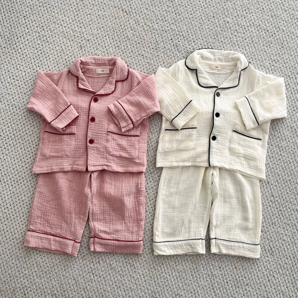 2026 New Children's Cotton Pajamas Set Soft Loose Boys Girls Clothing Turn-down Collar Button Shirt Trousers 2 Pcs Suit Pijamas