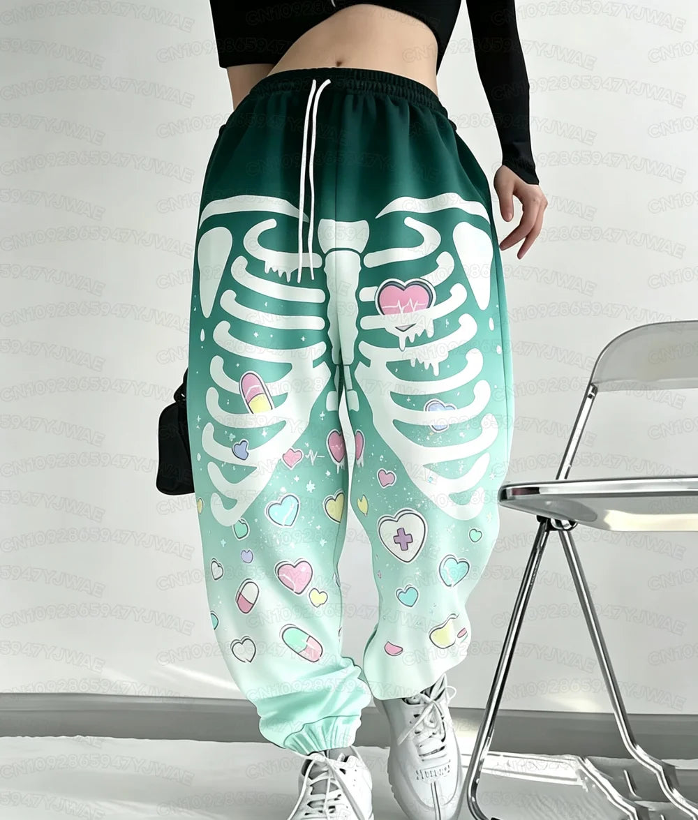Spring and Autumn Women's Men's Gothic Hip Hop Yami Kawaii Y2K Skull Print Street Style Casual  Long Jogger Pants