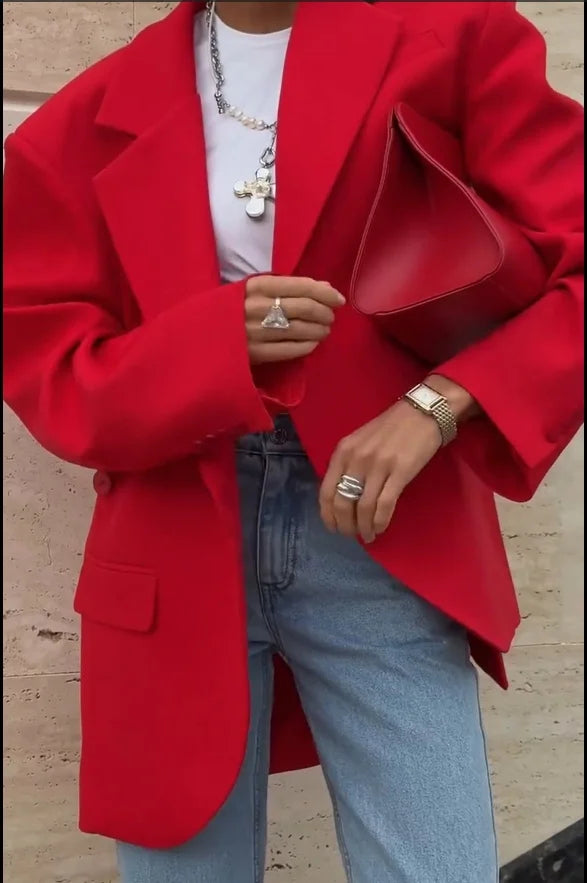 Women Red Fashion Blazer Jacket Lapel Collar Single Button Long Sleeve Loose Casual Coats Oversized Autumn Winter Streetwears