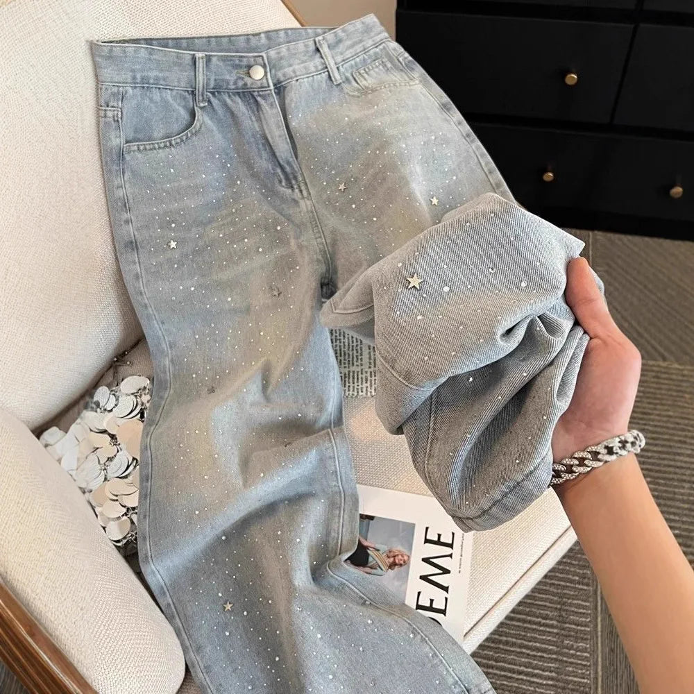 Women's High Waist Loose Straight Wide Leg Basic Casual Trendy Jeans Pants Summer New Fashion Light Blue Denim Trousers Clothes