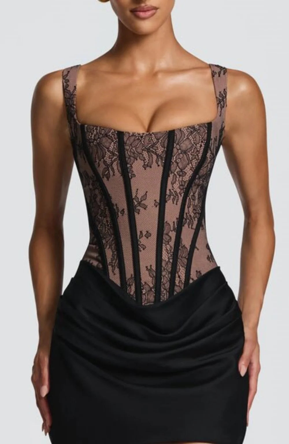 RLMABABY Sexy Lace Splice Ruched Women Mini Bodycon Dress Slim Square Collar Backless Corset Back Lace Up Club Party Short Dress