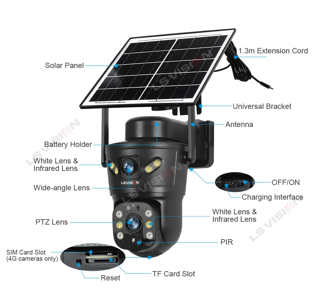 LS VISION 4G /WIFI Outdoor Solar Camera 8MP Dual Lens PIR Sim Card Built in Night Vision Waterproof Security Camera Battery CCTV