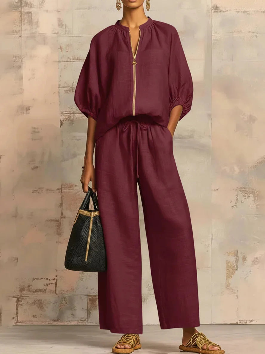 Women Solid 2 Piece Set Chic Laple Zipper Puff Sleeve Top + Wide Leg Pants Outfit Casual Matching Set for Vacation Daily Wear