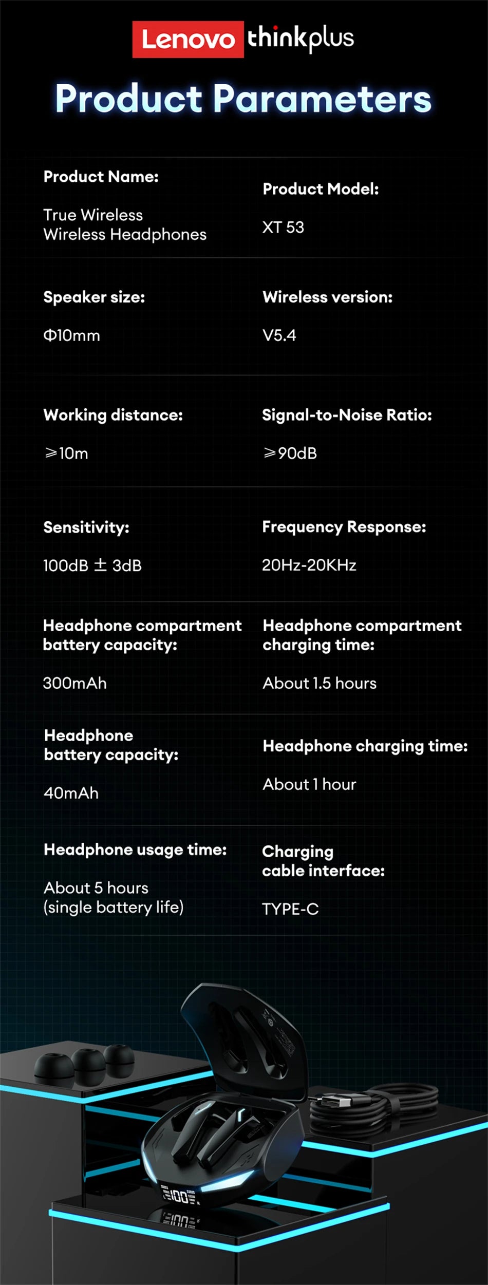 Lenovo XT53 Wireless Bluetooth 5.4 Earphones LED Digital Display Waterproof Earbuds Noise Cancelling Gaming Headset GM2 Pro Max