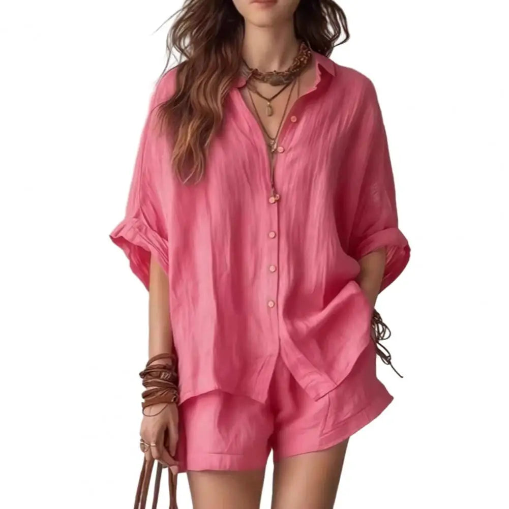 Fashion Loose Print 2 Piece Sets Women Outfit 2026 Casual Short Sleeve Shirt With High Waist Shorts Set Female Homewear