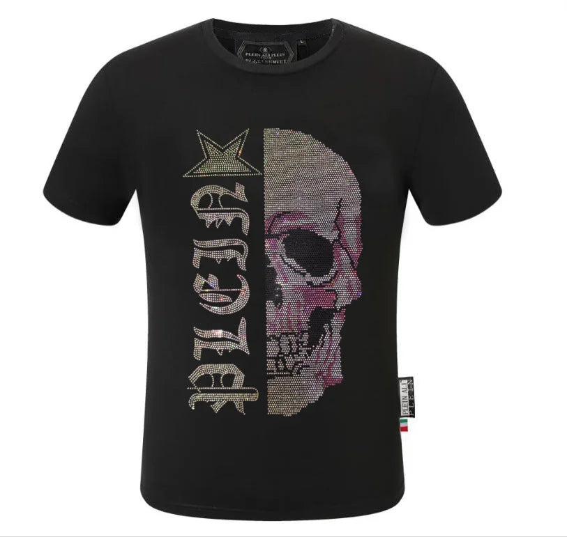 2025 Summer New Luxury Men's Fashion Skull Design Rhinestones T-Shirt Pure Cotton Crew-Neck Casual High Quality