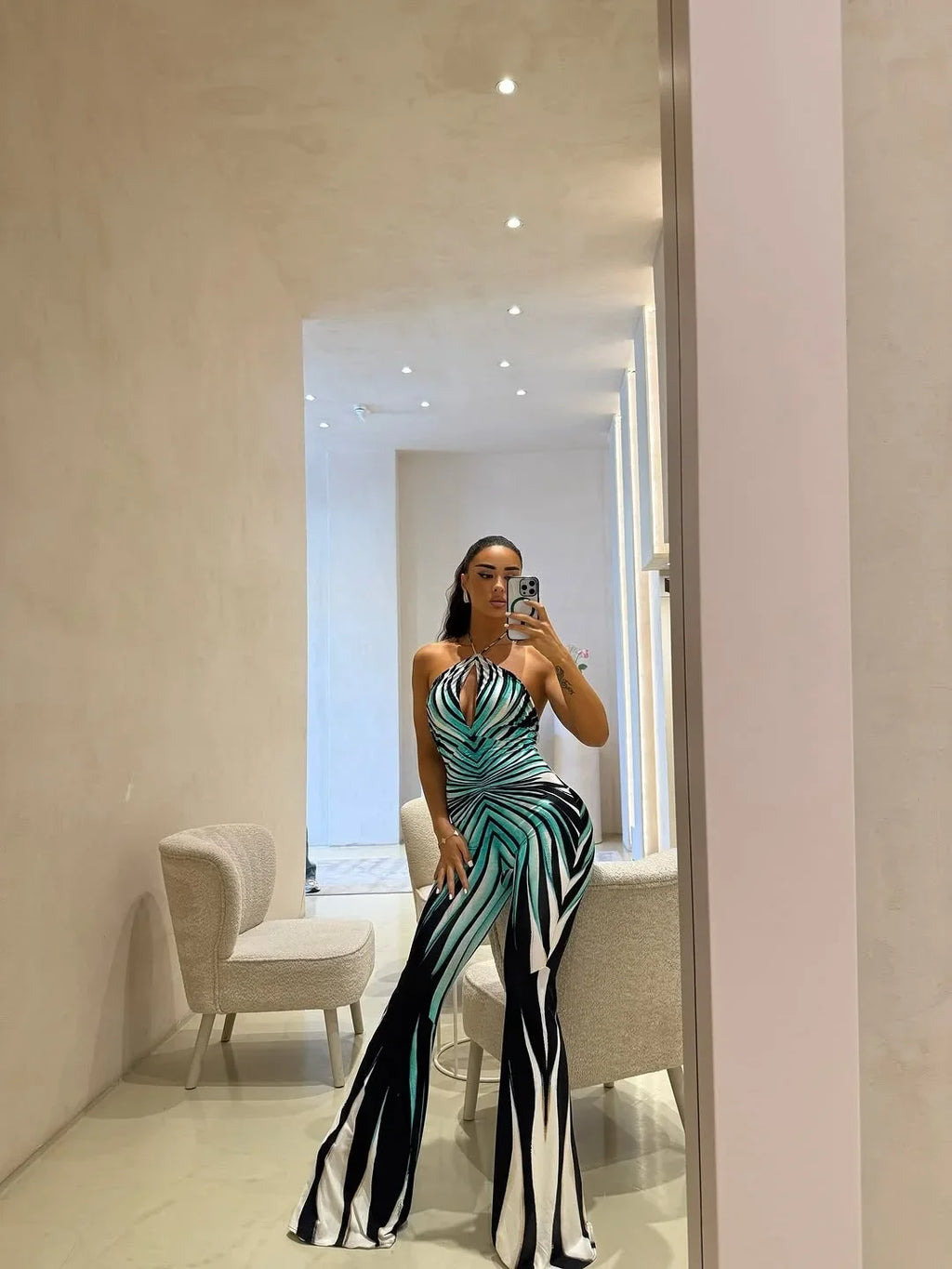Y2k Geometric Gradient Stripe Jumpsuittie Halter Front Keyhole Backless Slim Fit Flared Floor Length Pants Night Out Outfit 2026