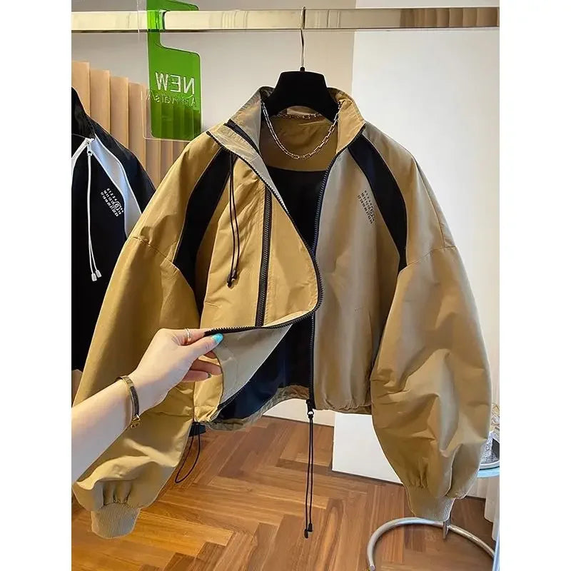 Retro Street INS Style Double Zipper Women's Stand Up Collar Jacket Spring and Autumn Casual Loose Y2k Long Sleeve Top Coat