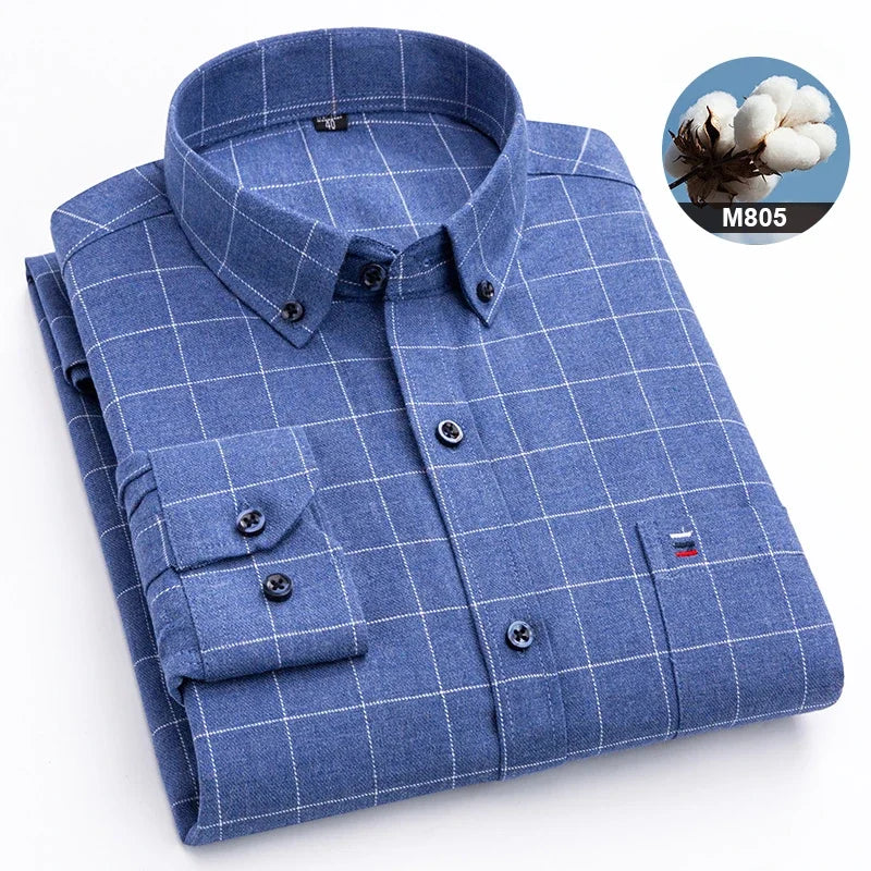 New in ShirtPlus Size 7XL 100% Cotton Sanding Long-Sleeve Shirts for Men Slim Fit Plain Shirt Striped Plaid Single Pocket Clothe