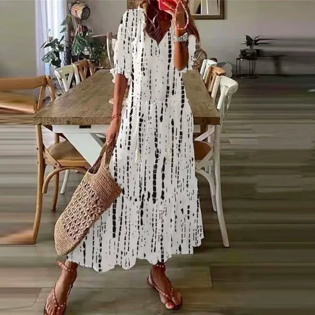 FALL Summer New 2026 Women's Casual Sweet Loose Sexy V-neck Drawstring Fashionable Printed Long Sleeved Boho Bohemian Dresses