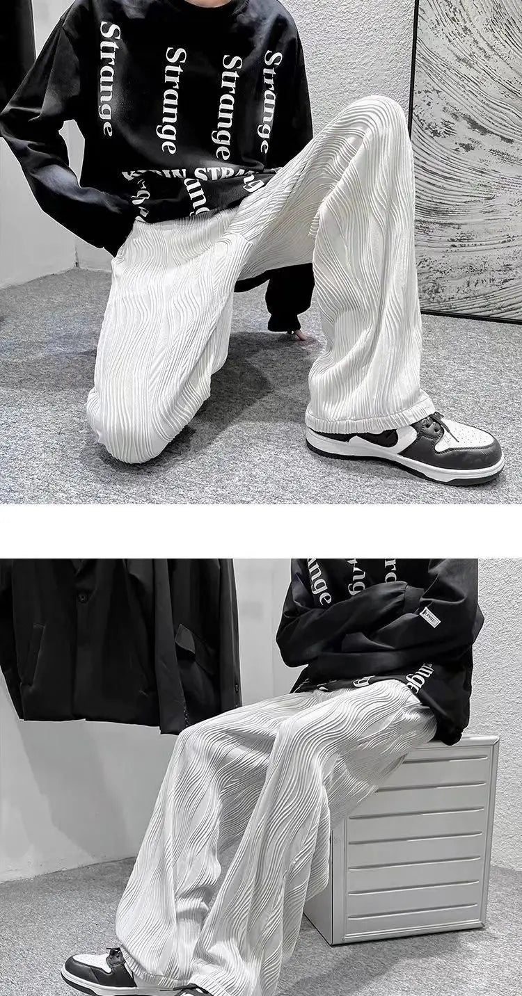 Summer Korean Fashion Simple Ice Silk Wide Leg Pants Men Solid Elastic Waist Pockets Thin High Street Loose Straight Trousers