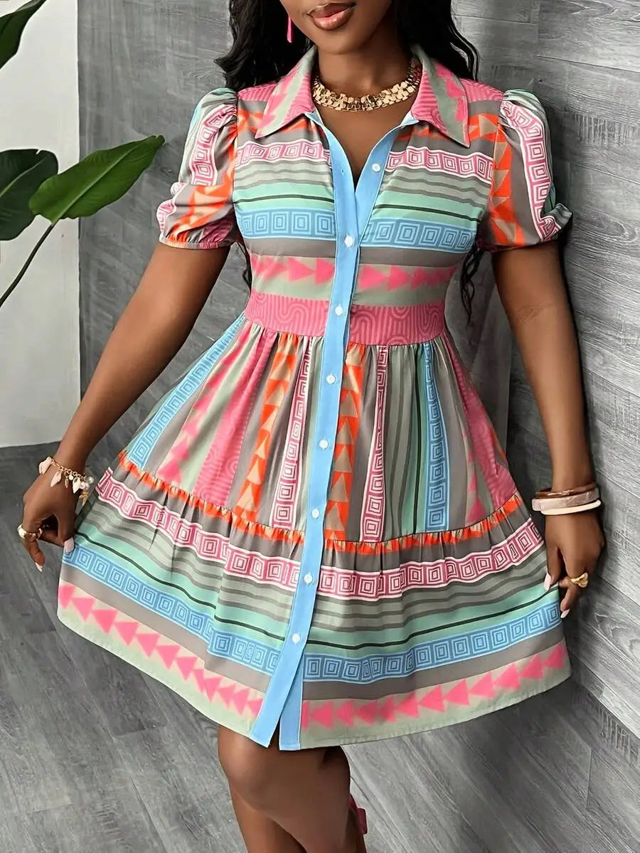 Slaydiva New Summer Geometric Print Vacation Petal Sleeve Open Front Tiered Loose Dress Vacation Dresses