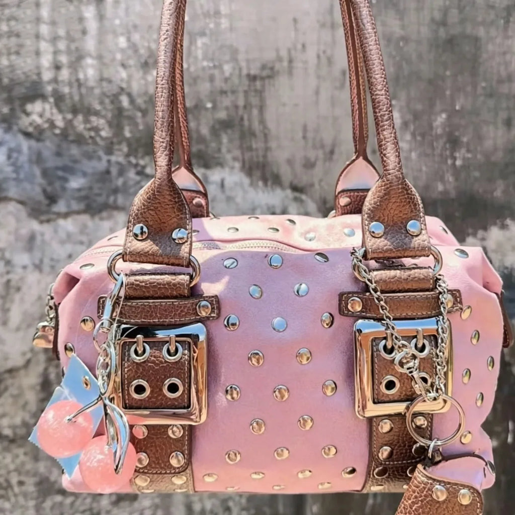 Korean Hot Girl Studded Y2K Tote Bag Women Polka Dot Leather Large Capacity Underarm Bag Ladies Retro Harajuku Handbag Chic 2026