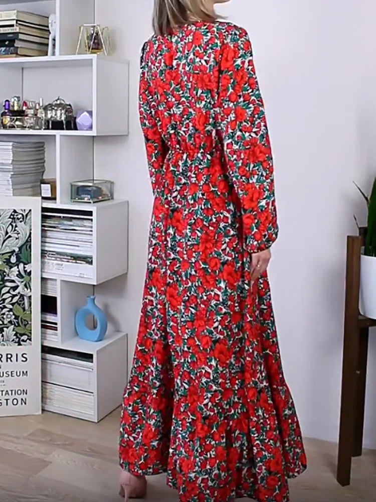 ITOOLIN Woman Round Neck Long Sleeved Shirt Flounce Floral High Waisted A-line Dress Vintage Printed Elastic Long Dress