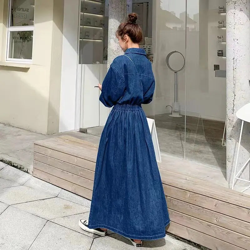 Denim long dress women A-line high waisted long sleeves casual roupas femininas
