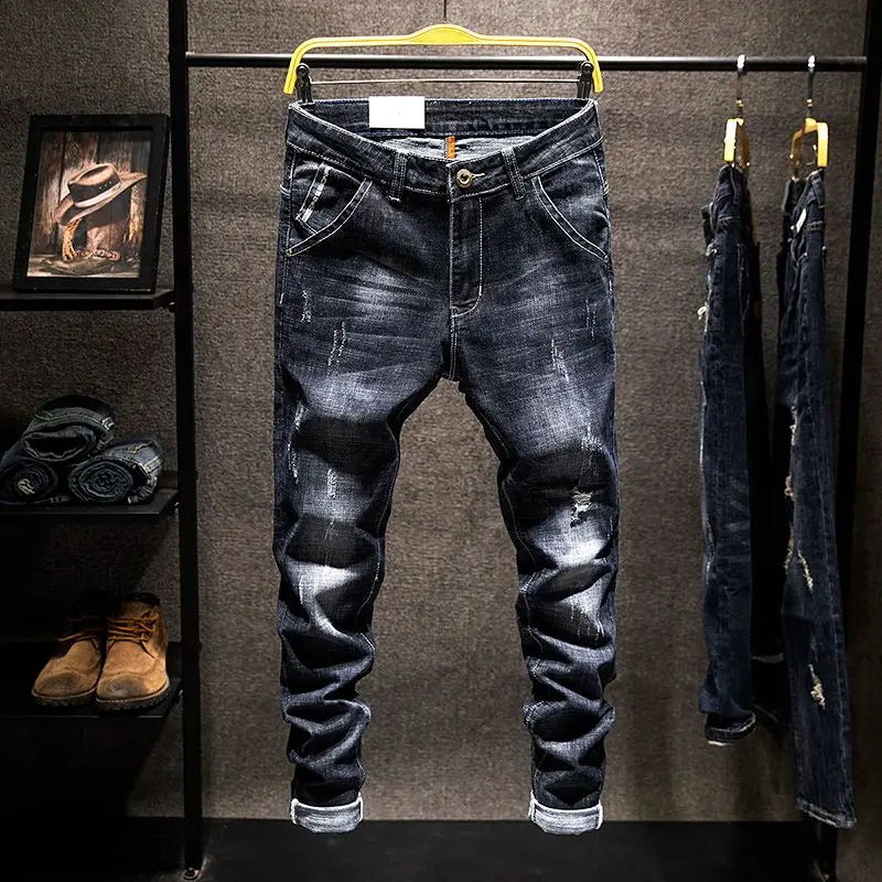 Elastic Fashion Jeans Men Ripped Vintage Slim Denim Pants Hip Hop Distressed Frayed Fashion Men's Clothing Pants